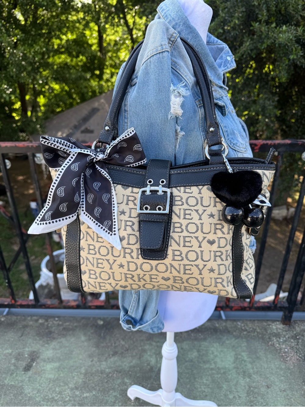 Dooney & Bourke Black Trim Logo Satchel with Bow Charm